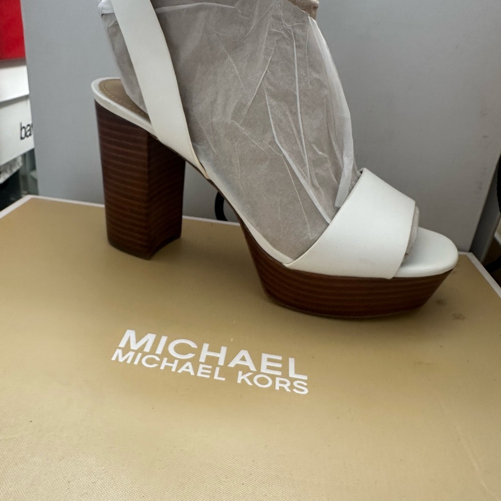 Michael Kors White and Tan Block Heel Sandals